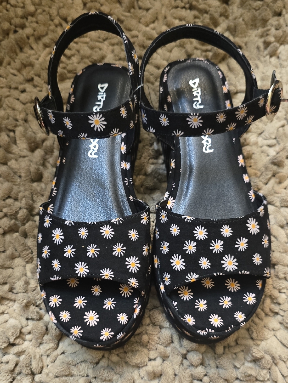 New Dirty Laundry Women's Size 6.5 Black Daisy Print Platform Sandals 2 1/4 Heel